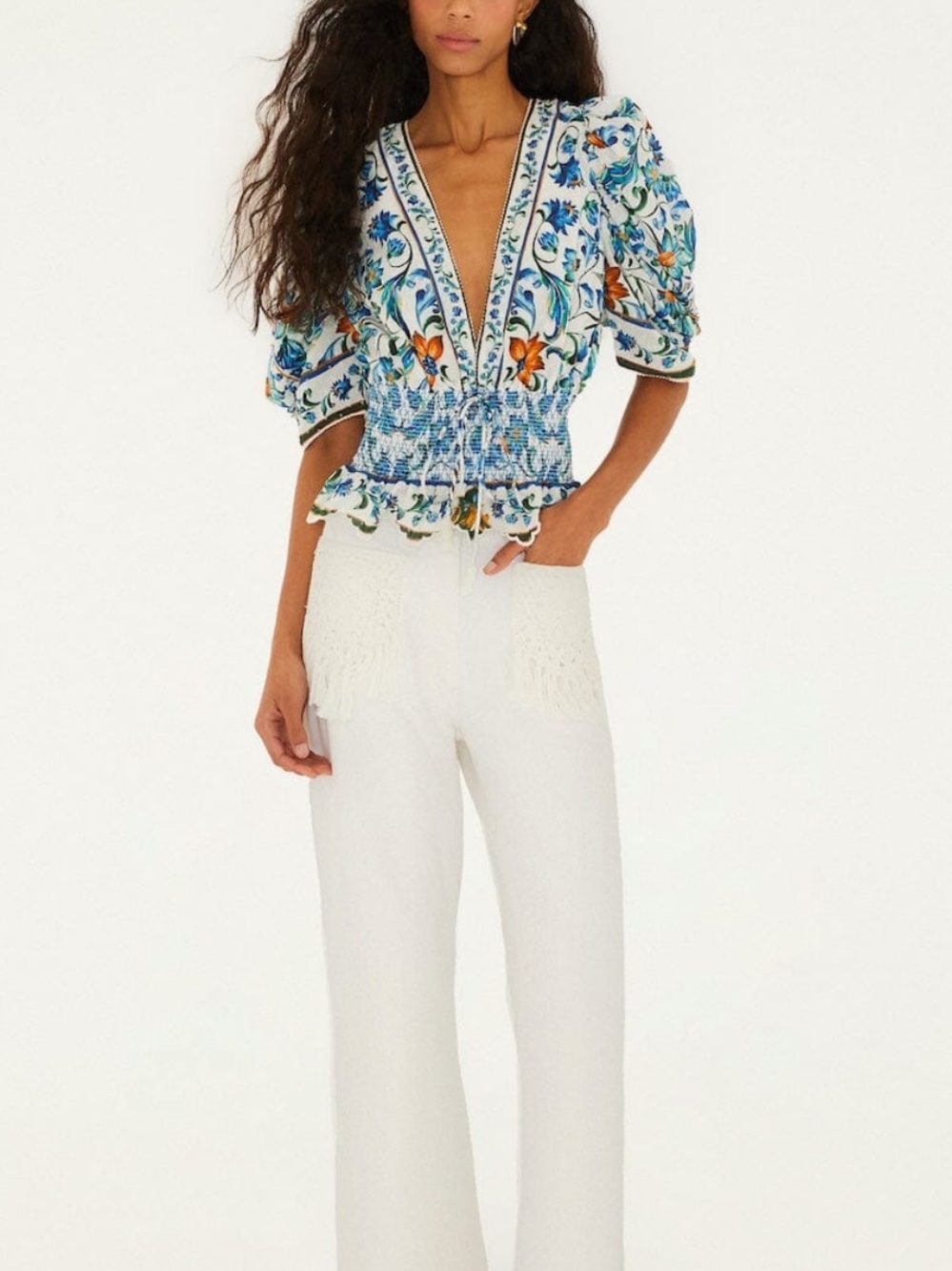FARMRIO Off-White Flora Tile Smocked Blouse | Size XS | NWT - Picture 12 of 12